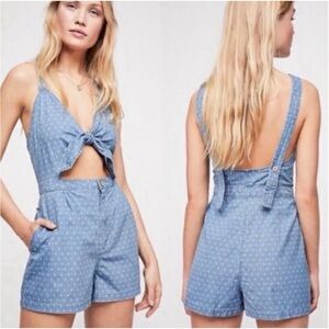 Free People Take Me Somewhere Chambray Denim Cut Out Tie Front Playsuit Romper